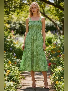 Banjanan Green Printed Smocked Maxi Dress size S